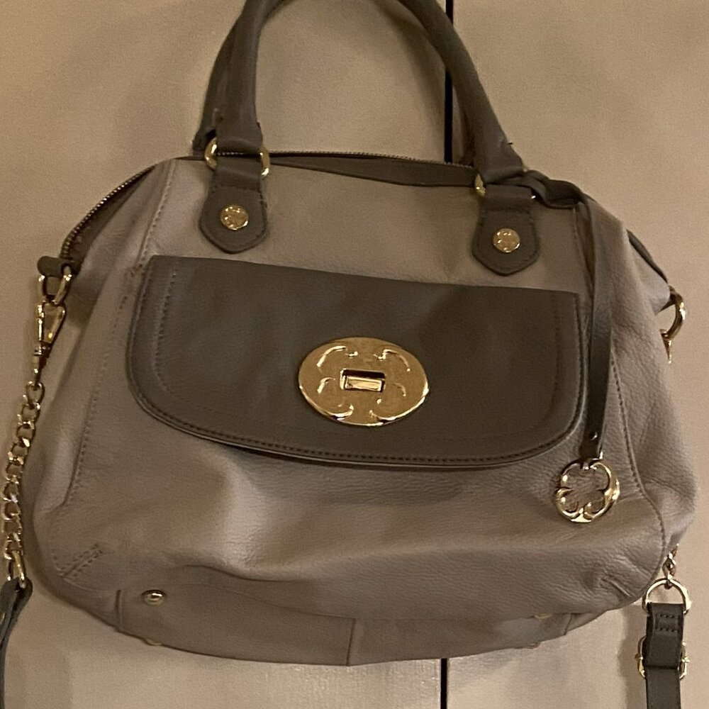 Emma Fox Leather Satchel-2 handles/shoulder strap-Tan with Grey Pockets